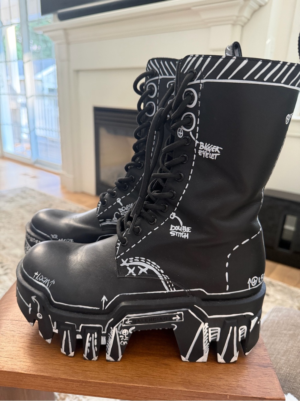 Balenciaga Strike Graffiti Black Platform Combat Boots with White Graphic